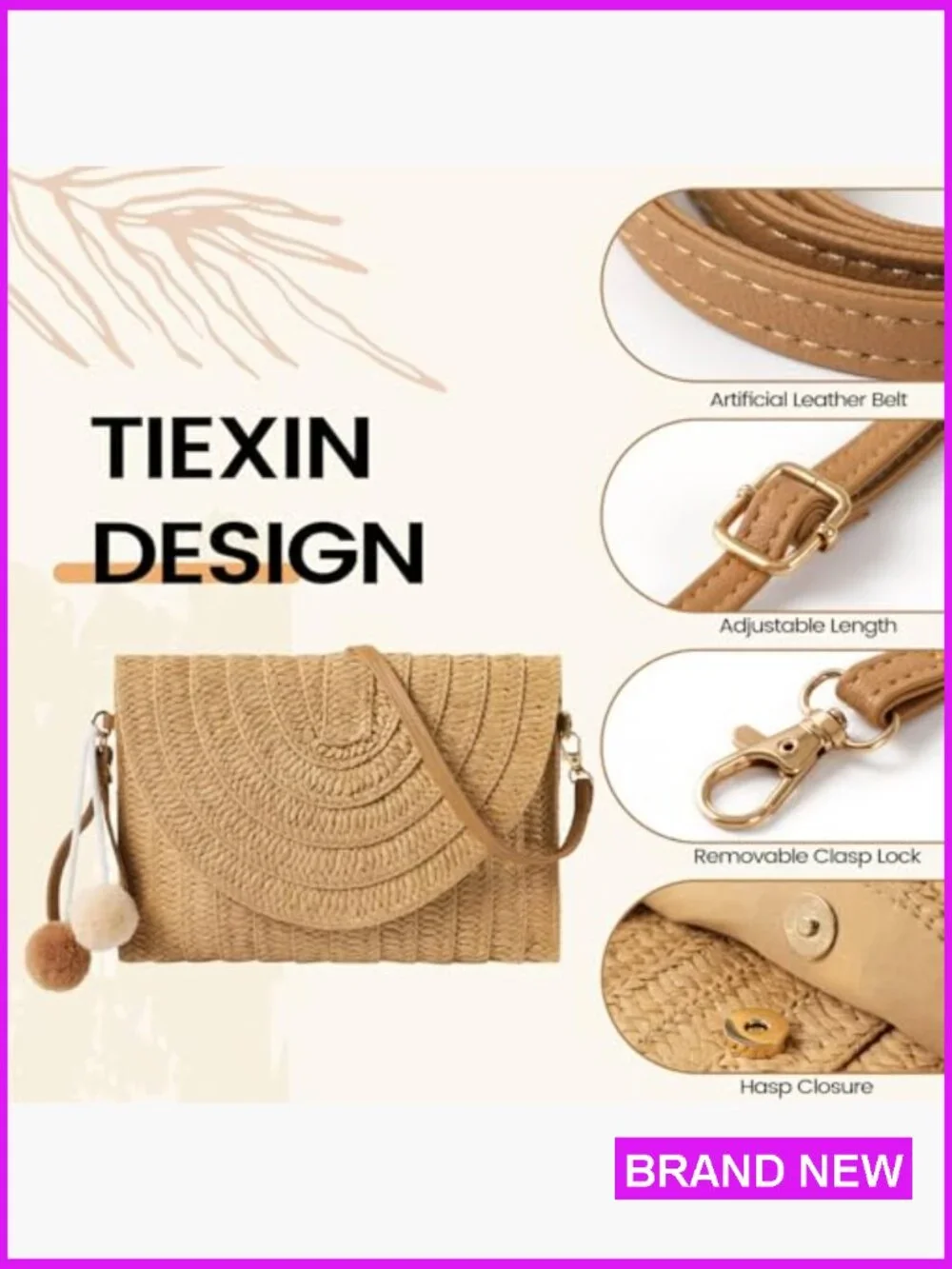 Woven Straw Crossbody Bag Handmade Summer Beach Purse Clutch Shoulder - Picture 4 of 7